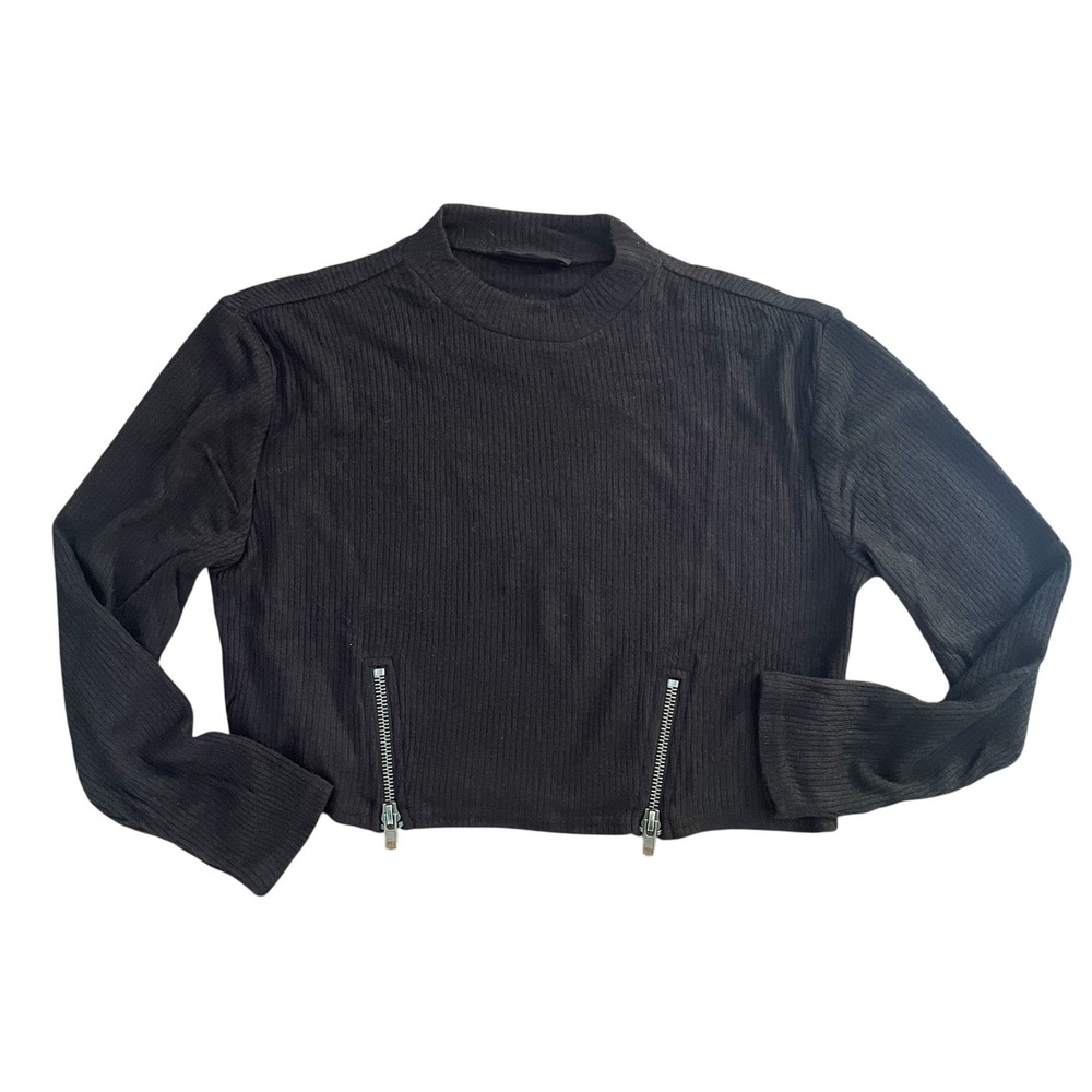 Soncy Womens Black Ribbed Mock Neck Long Sleeve Crop Top Zipper Hem Size 0 Plus